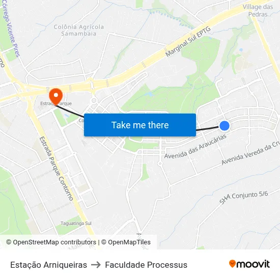 Estação Arniqueiras to Faculdade Processus map