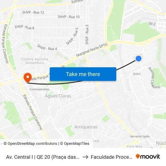 Av. Central l | QE 20 (Praça das Artes) to Faculdade Processus map