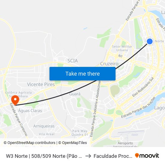 W3 Norte | 508/509 Norte (Pão de Açúcar) to Faculdade Processus map