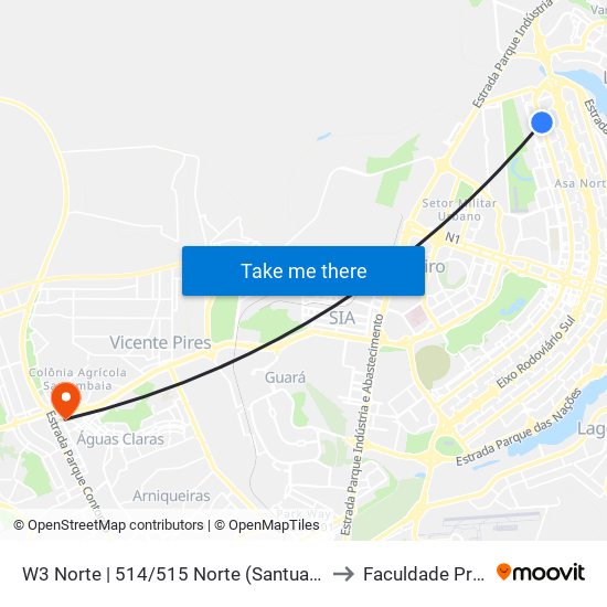 W3 Norte | 514/515 Norte (Santuario São Francisco) to Faculdade Processus map