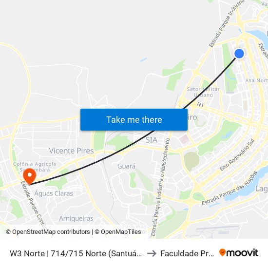 W3 Norte | 714/715 Norte (Santuário São Francisco) to Faculdade Processus map