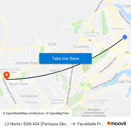 L2 Norte | SQN 404 (Paróquia São José Operário) to Faculdade Processus map