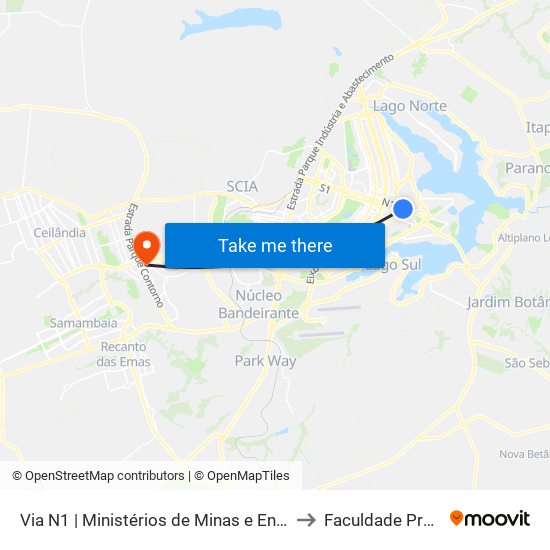 Via N1 | Ministérios de Minas e Energia / Turismo to Faculdade Processus map