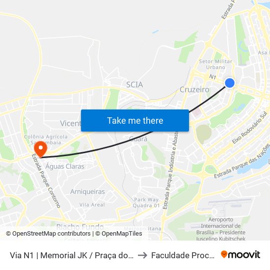 Via N1 | Memorial JK / Praça do Cruzeiro to Faculdade Processus map