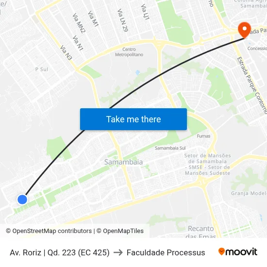 Av. Roriz | Qd. 223 (EC 425) to Faculdade Processus map