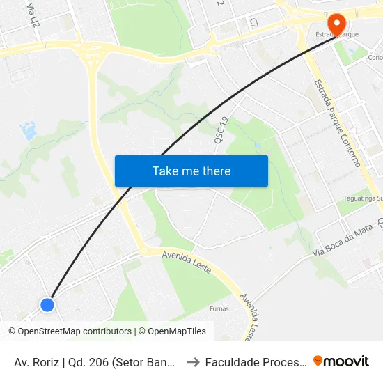 Av. Roriz | Qd. 206 (Setor Bancário) to Faculdade Processus map