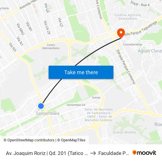 Av. Joaquim Roriz | Qd. 201 (Tatico / 7° Ofício De Notas) to Faculdade Processus map