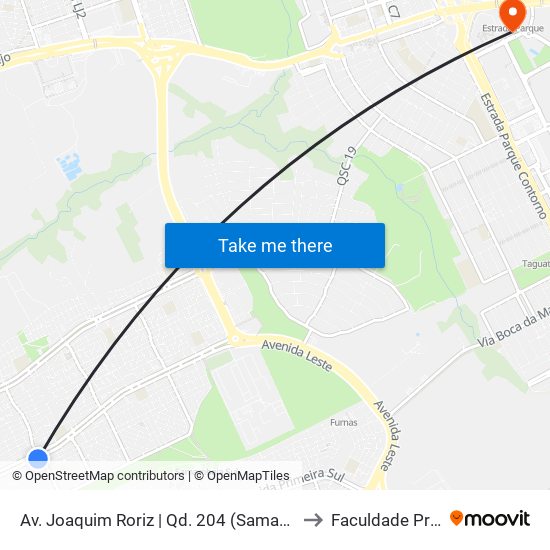Av. Joaquim Roriz | Qd. 204 (Samambaia Mall / Bares) to Faculdade Processus map