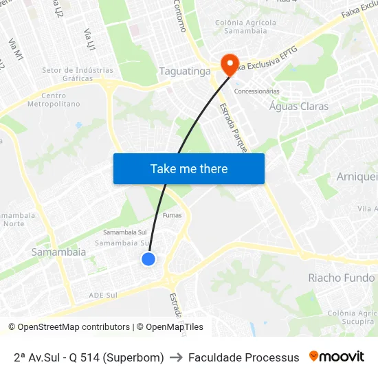 2ª Av.Sul - Q 514 (Superbom) to Faculdade Processus map