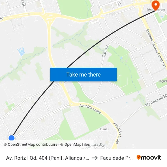 Av. Roriz | Qd. 404 (Panif. Aliança / Samambaia Mall) to Faculdade Processus map