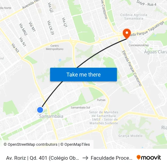 Av. Roriz | Qd. 401 (Colégio Objetivo) to Faculdade Processus map