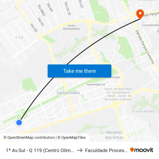 1ª Av.Sul - Q 119 (Centro Olímpico) to Faculdade Processus map