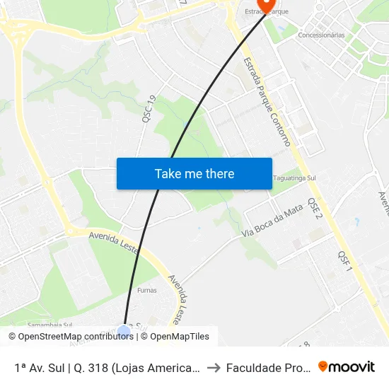 1ª Av. Sul | Q. 318 (Lojas Americanas / Primor) to Faculdade Processus map