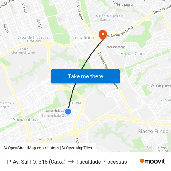 1ª Av. Sul | Q. 318 (Caixa) to Faculdade Processus map