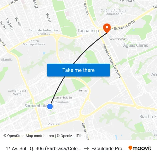 1ª Av. Sul | Q. 306 (Barbrasa/Colégio Biângulo) to Faculdade Processus map