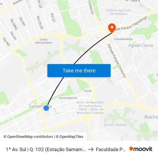 1ª Av. Sul | Q. 102 (Estação Samambaia / Castelo Forte) to Faculdade Processus map