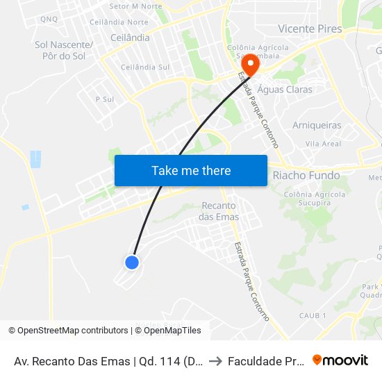 Av. Recanto Das Emas | Qd. 114 (Drogaria Do Povo) to Faculdade Processus map
