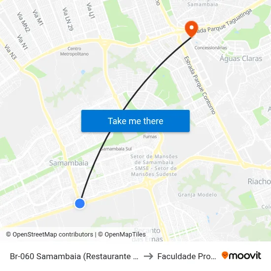 Br-060 Samambaia (Restaurante Comunitário) to Faculdade Processus map