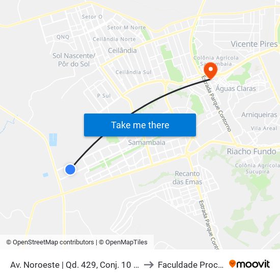 Av. Noroeste | Qd. 429, Conj. 10 (Cef 427) to Faculdade Processus map