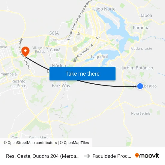 Res. Oeste, Quadra 204 (Mercado União) to Faculdade Processus map
