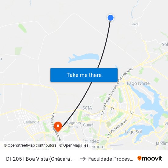 Df-205 | Boa Vista (Chácara 449) to Faculdade Processus map