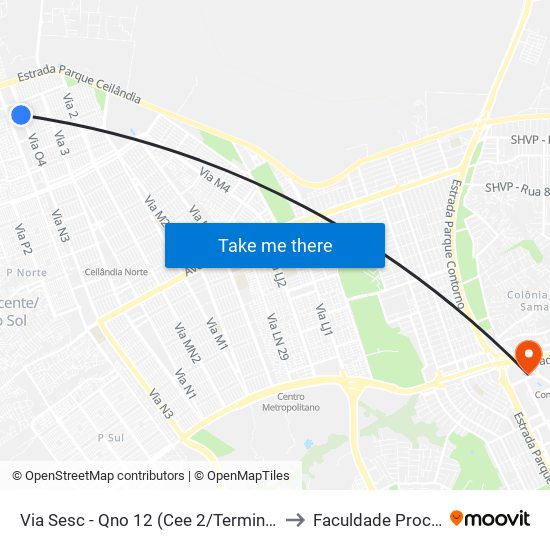 Via Sesc - Qno 12 (Cee 2/Terminal Setor O) to Faculdade Processus map