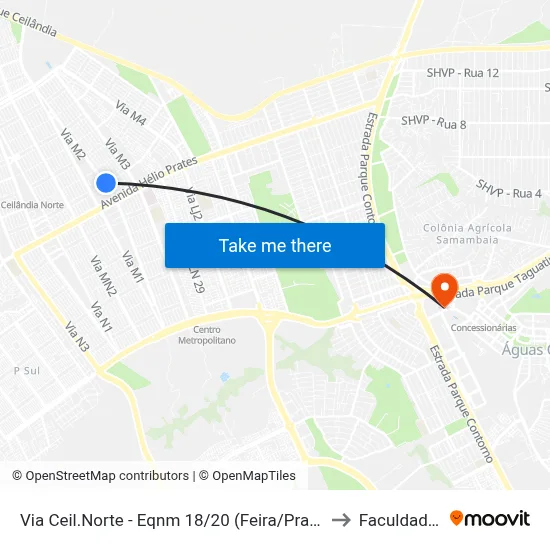 Via Ceil.Norte - Eqnm 18/20 (Feira/Praça Do Cidadão/Farmácia De Alto Custo) to Faculdade Processus map