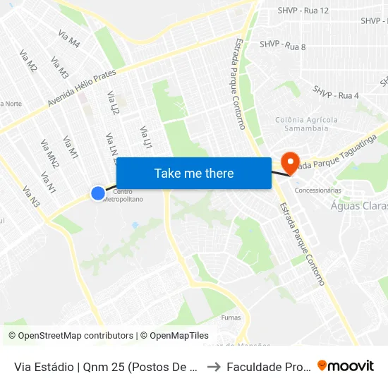 Via Estádio | Qnm 25 (Postos De Combustíveis) to Faculdade Processus map