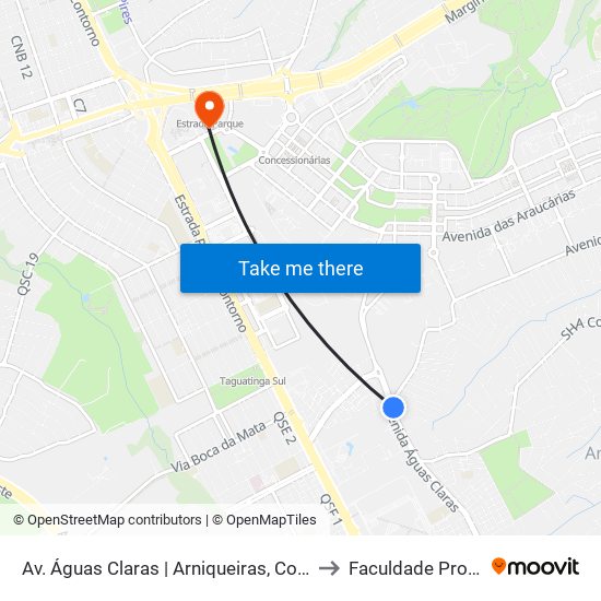Av. Águas Claras | Arniqueiras, Conj. 6, Ch. 435 to Faculdade Processus map