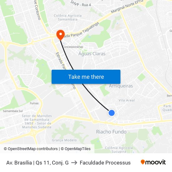Av. Brasília | Qs 11, Conj. G to Faculdade Processus map