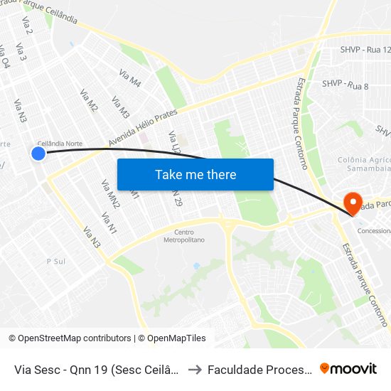 Via Sesc - Qnn 19 (Sesc Ceilândia) to Faculdade Processus map