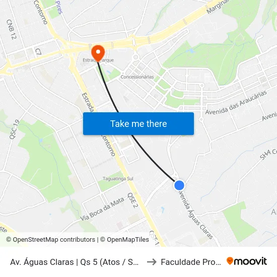 Av. Águas Claras | Qs 5 (Atos / Super Sacolão) to Faculdade Processus map