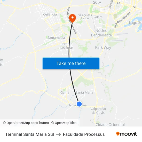 Terminal Santa Maria Sul to Faculdade Processus map