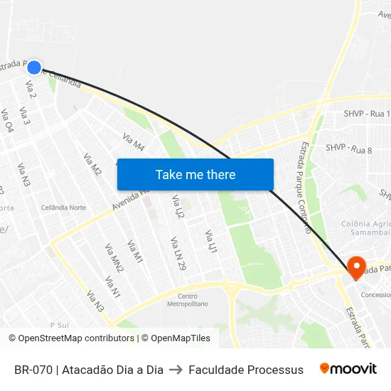 BR-070 | Atacadão Dia a Dia to Faculdade Processus map