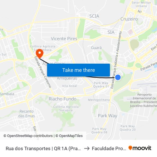 Rua dos Transportes | QR 1A (Praça do Bosque) to Faculdade Processus map