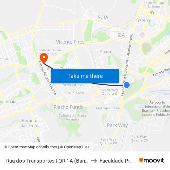 Rua dos Transportes | QR 1A (Banca Alternativa) to Faculdade Processus map