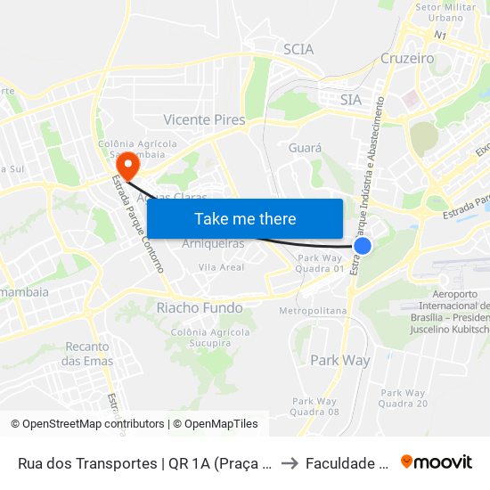 Rua dos Transportes | QR 1A (Praça dos Estados / TremBaum) to Faculdade Processus map