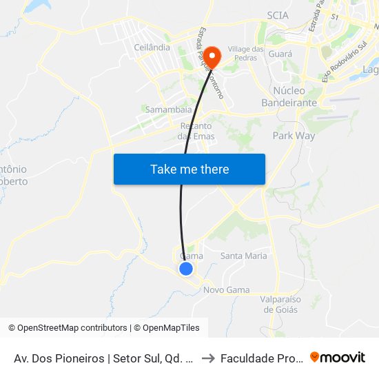 Av. Dos Pioneiros | Setor Sul, Qd. 2 (Santander) to Faculdade Processus map