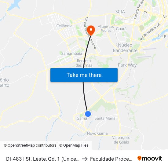 Df-483 | St. Leste, Qd. 1 (Uniceplac) to Faculdade Processus map