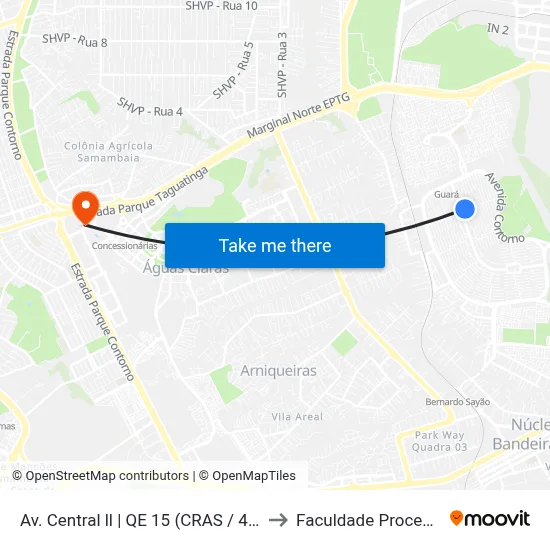 Av. Central ll | QE 15 (CRAS / 4ª DP) to Faculdade Processus map