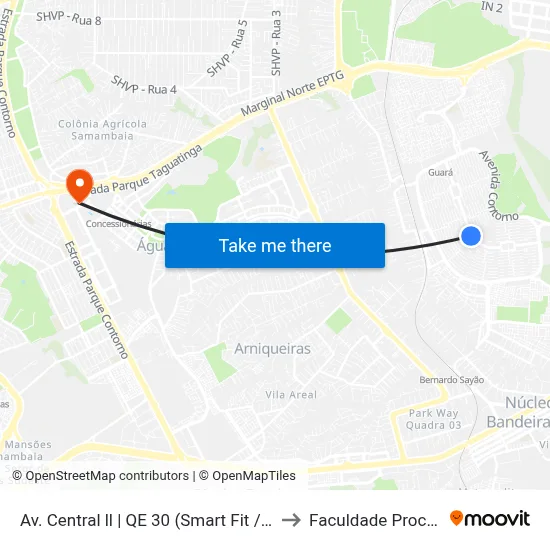 Av. Central ll | QE 30 (Smart Fit / Subway) to Faculdade Processus map