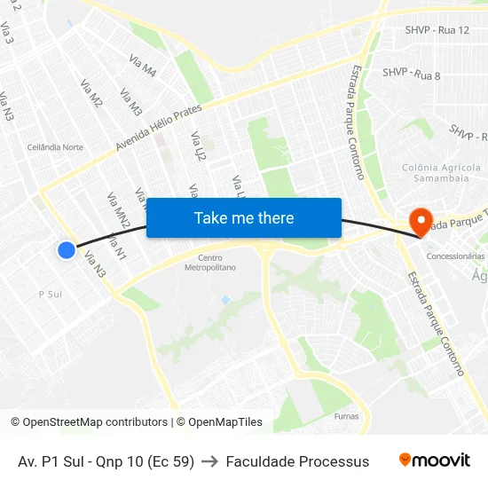 Av. P1 Sul - Qnp 10 (Ec 59) to Faculdade Processus map