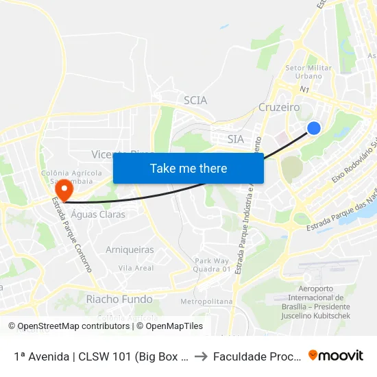 1ª Avenida | CLSW 101 (Big Box) to Faculdade Processus map