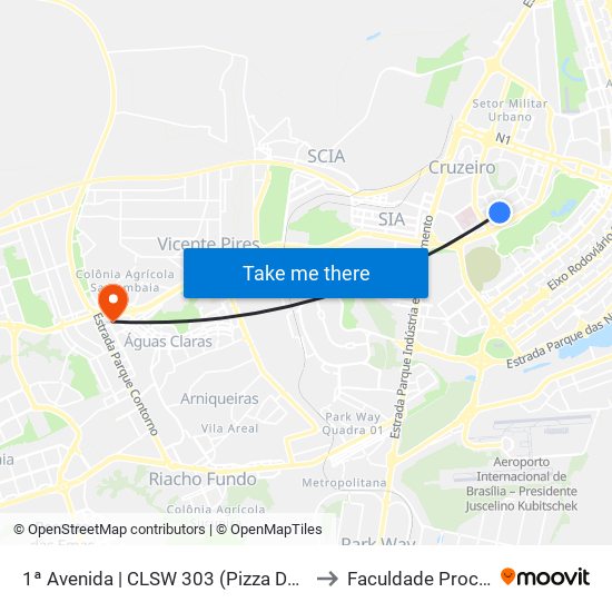 1ª Avenida | CLSW 303 (Pizza Dom Bosco) to Faculdade Processus map