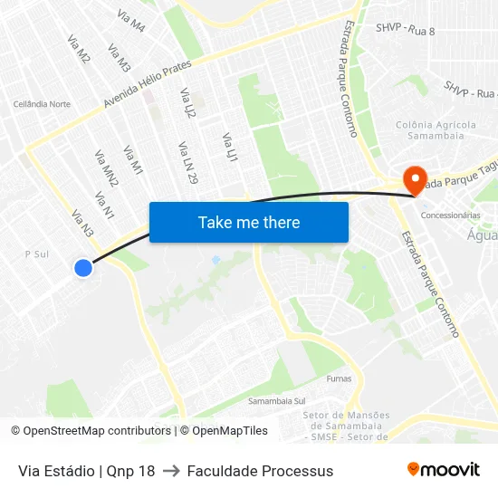 Via Estádio | Qnp 18 to Faculdade Processus map