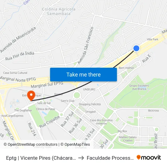 Eptg | Vicente Pires (Chácara 3) to Faculdade Processus map