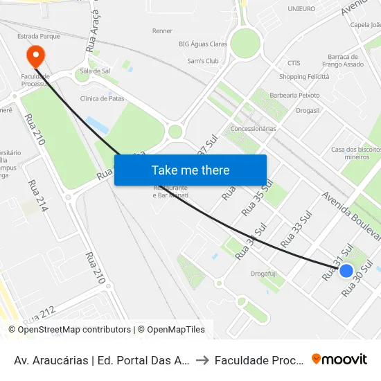 Av. Araucárias | Ed. Portal Das Araucárias to Faculdade Processus map