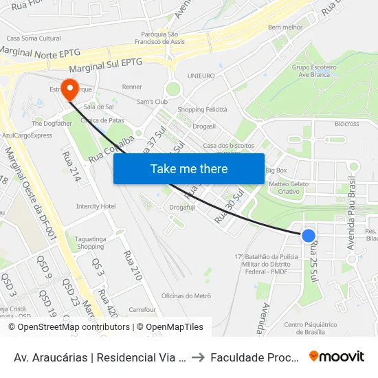 Av. Araucárias | Residencial Via Azaleas to Faculdade Processus map