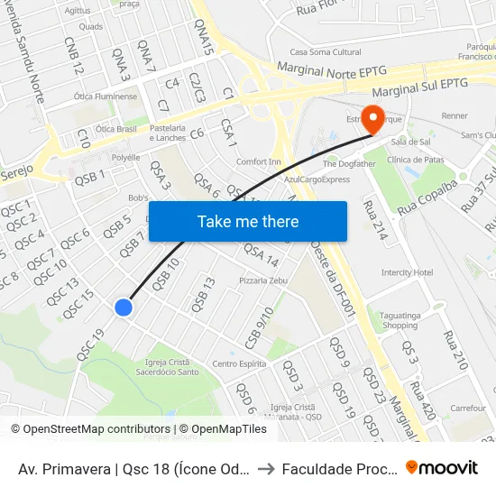 Av. Primavera | Qsc 18 (Ícone Odontologia) to Faculdade Processus map
