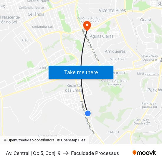 Av. Central | Qc 5, Conj. 9 to Faculdade Processus map